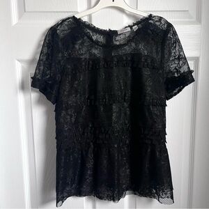 Tristan Top Blouse Floral Lace Mesh Fringe Black Medium Women short sleeve